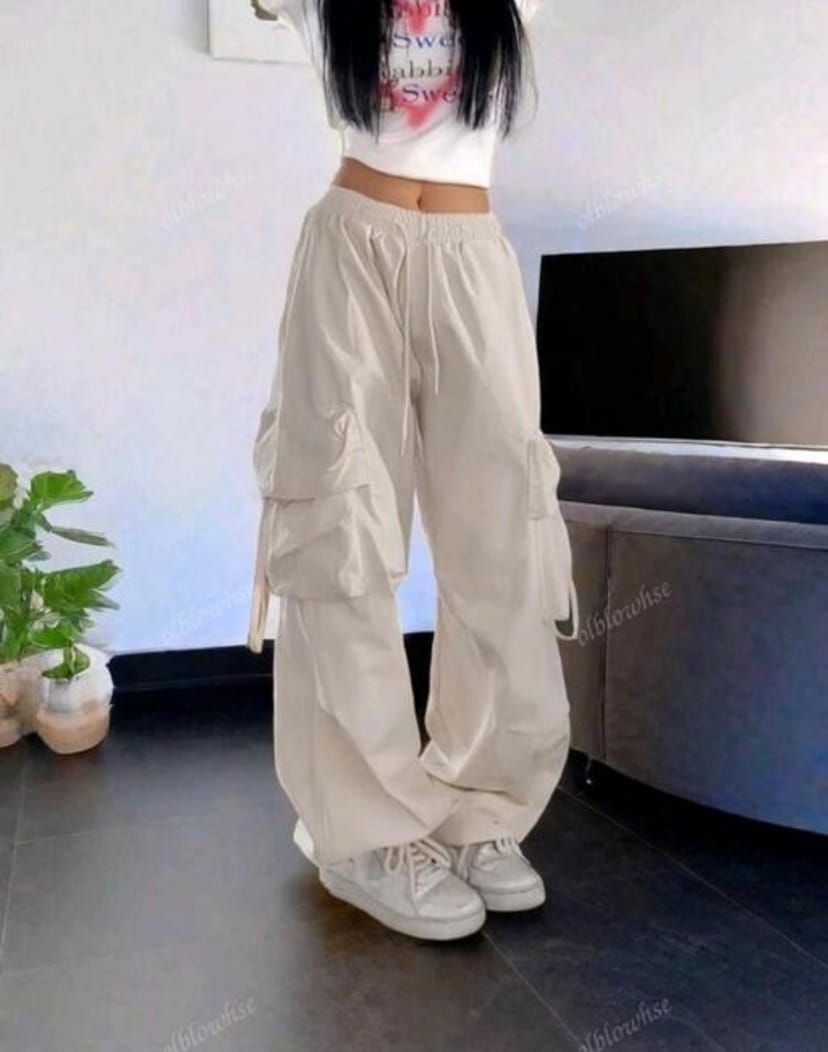 Y2K Aesthetic Parachute Cargo Pants - Off White - Image 1