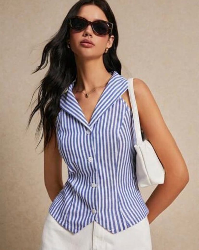 Women’s collared halter neck tank top sleeveless button tops - Image 1